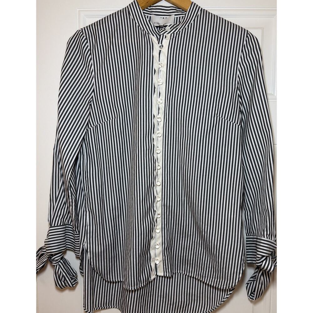 3.1 Phillip Lim Designer‎ Stripe Blouse 0 Ruffle Button Front Tie Cuffs Mandarin
